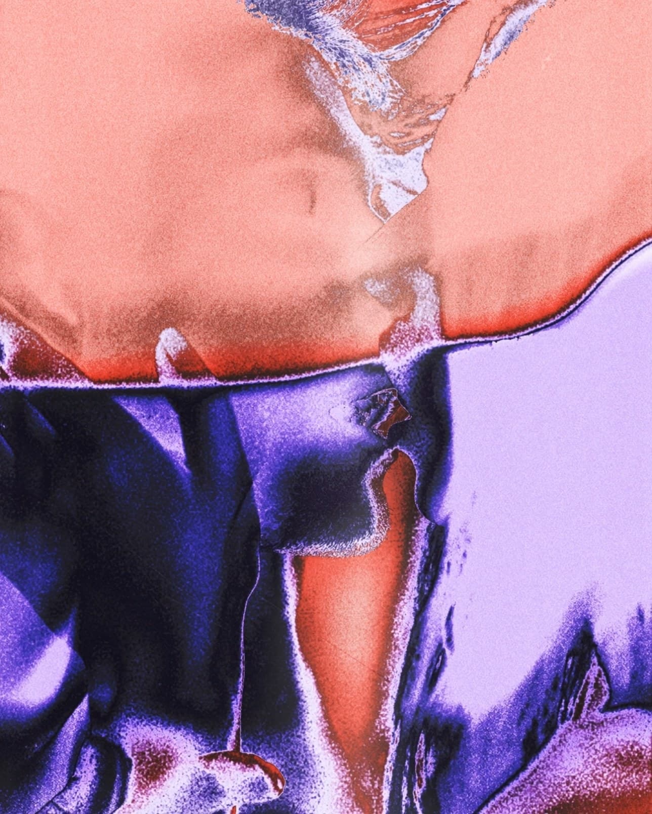 A solarised red and purple close-up of two people leaning into each other